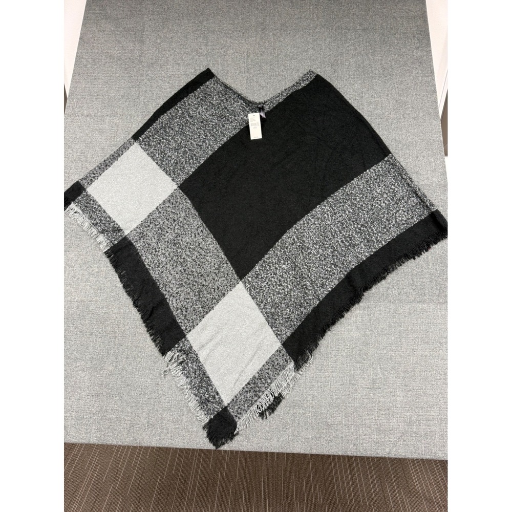 Lane Bryant Black Grey Plaid Colorblock Fringe Poncho Wrap One Size NWT